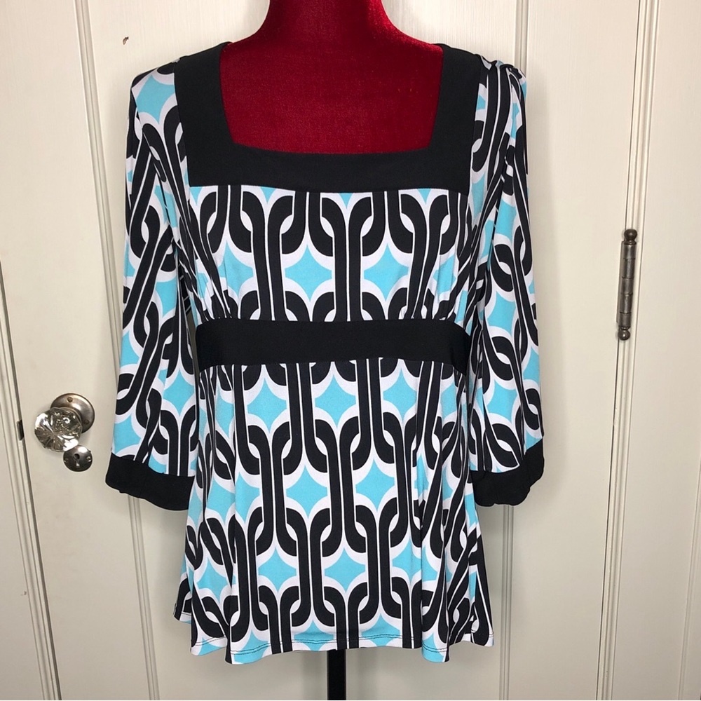 INC Women's Black Teal and White Top Medium Petite